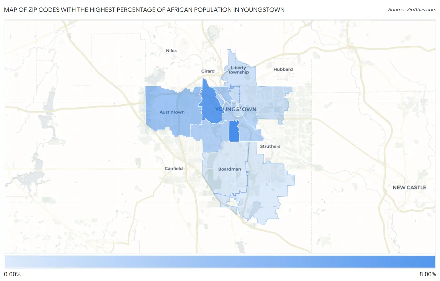 Zip Codes with the Highest Percentage of African Population in Youngstown Map