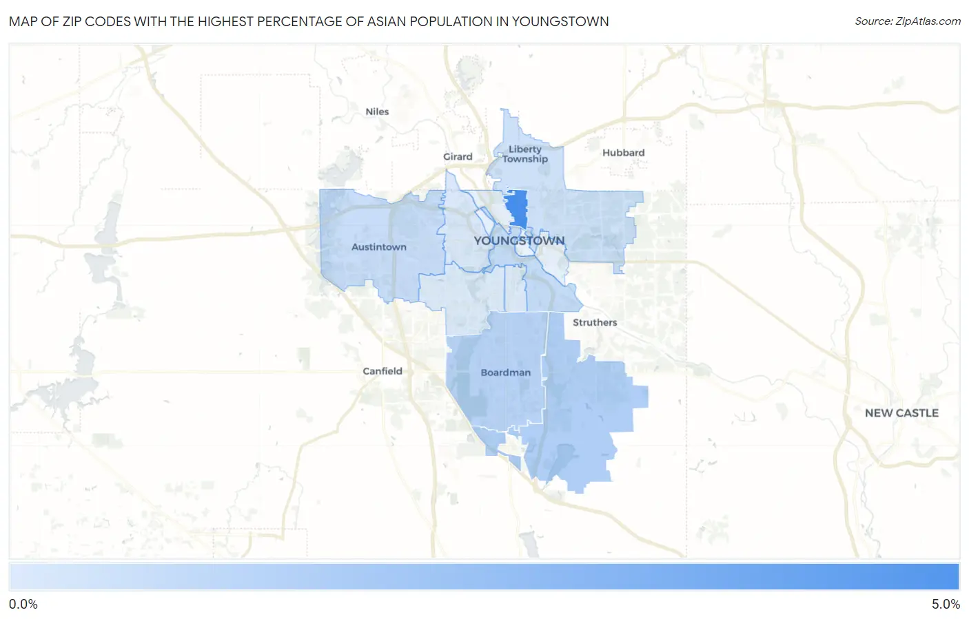 Zip Codes with the Highest Percentage of Asian Population in Youngstown Map