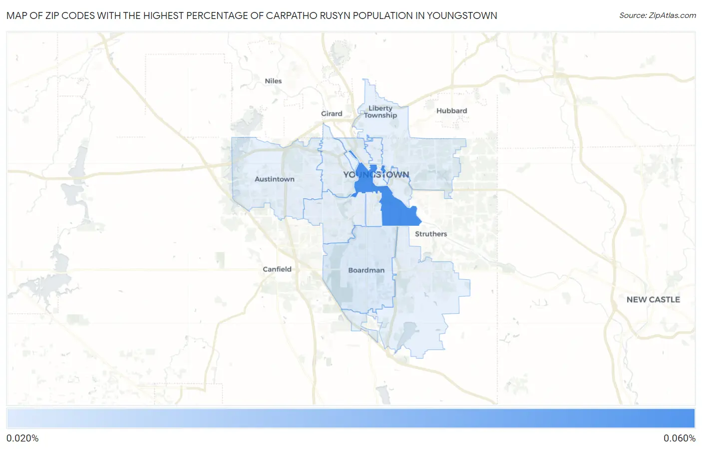 Zip Codes with the Highest Percentage of Carpatho Rusyn Population in Youngstown Map