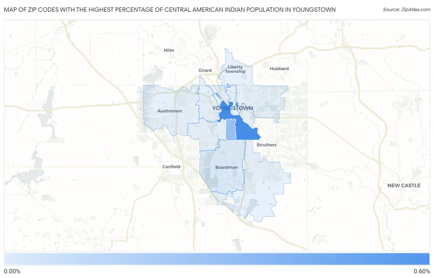 Zip Codes with the Highest Percentage of Central American Indian Population in Youngstown Map