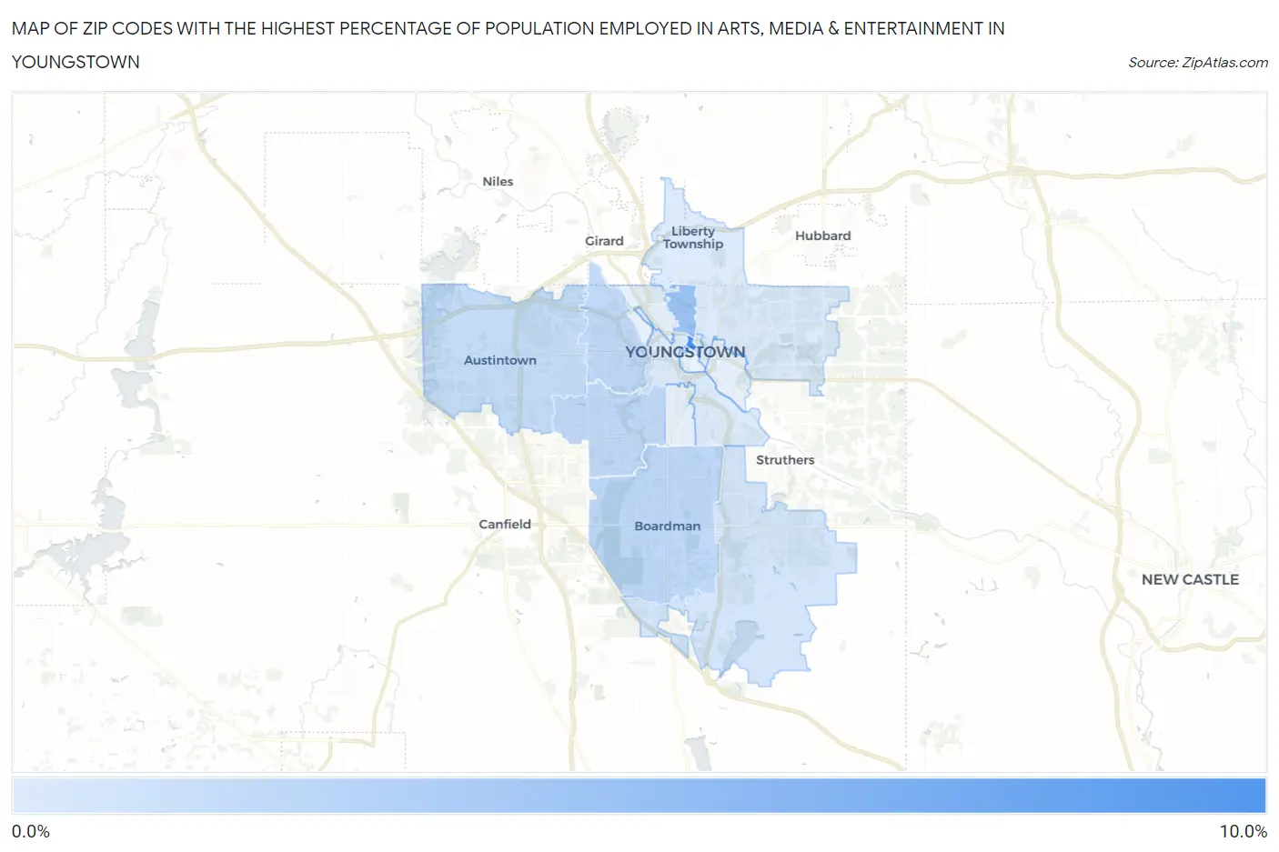 Zip Codes with the Highest Percentage of Population Employed in Arts, Media & Entertainment in Youngstown Map