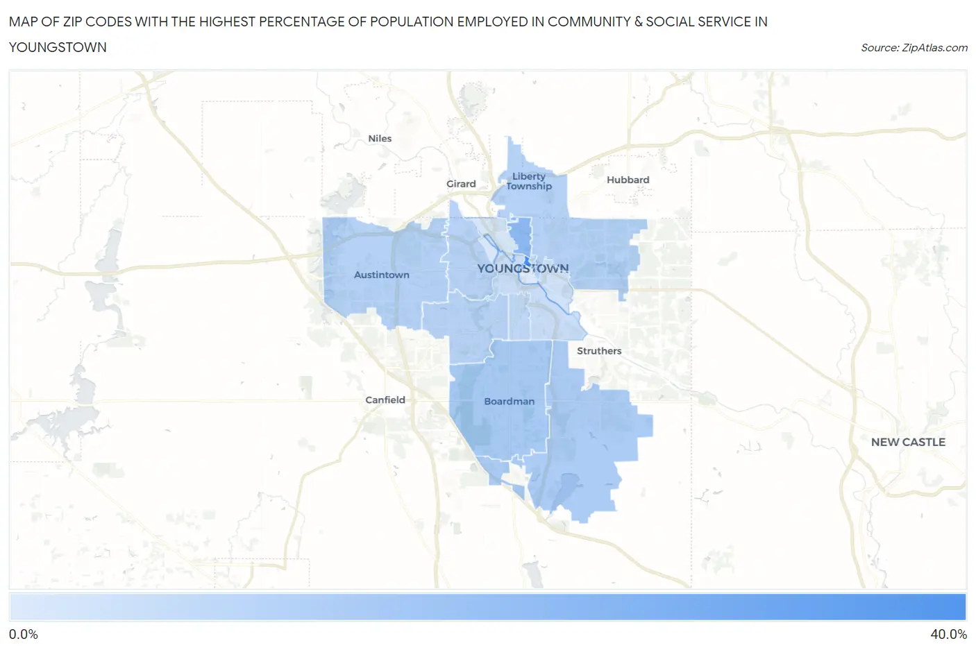 Zip Codes with the Highest Percentage of Population Employed in Community & Social Service  in Youngstown Map