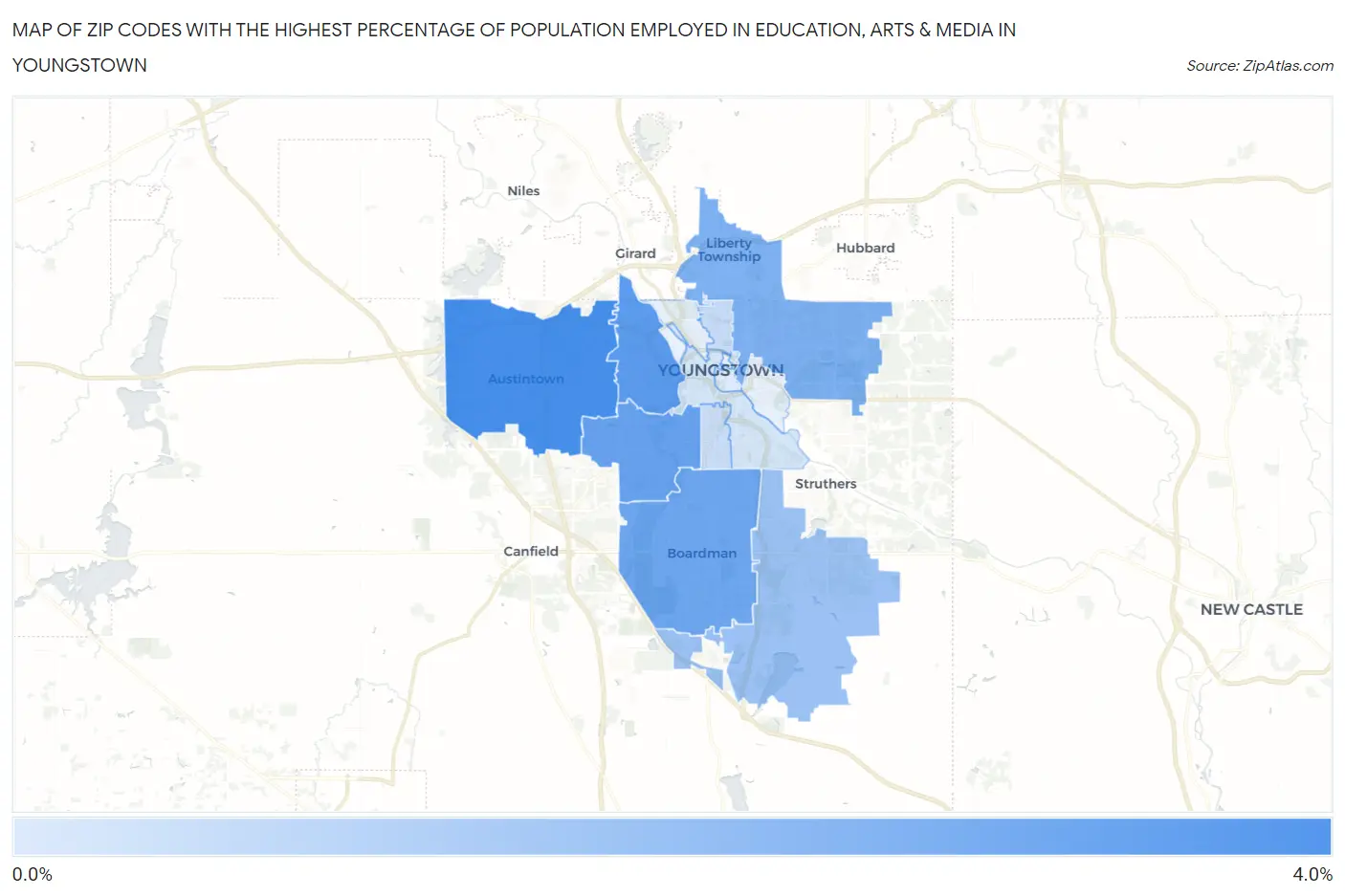Zip Codes with the Highest Percentage of Population Employed in Education, Arts & Media in Youngstown Map