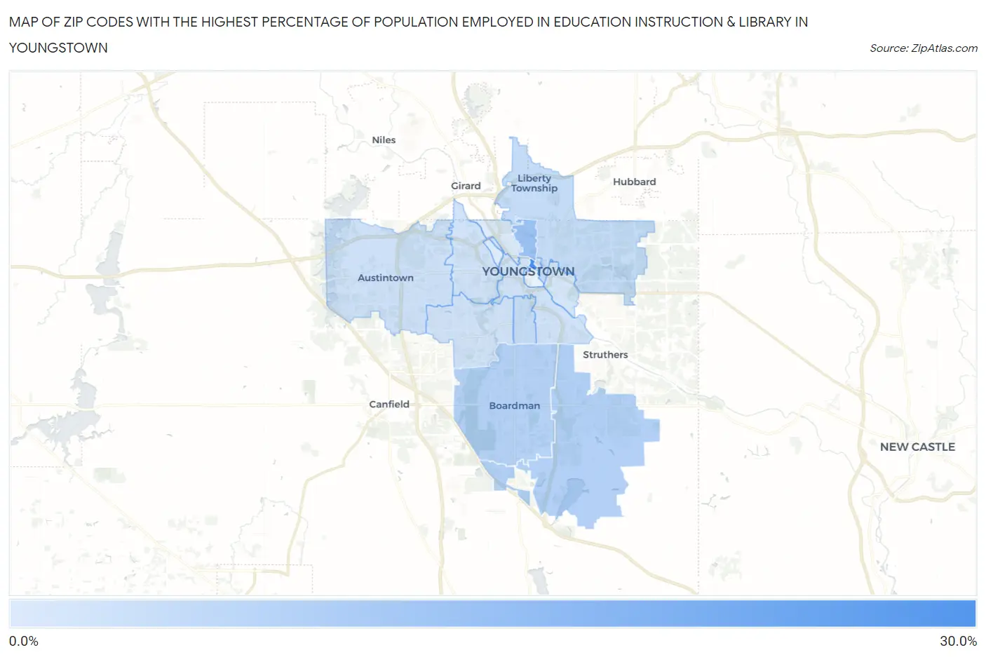 Zip Codes with the Highest Percentage of Population Employed in Education Instruction & Library in Youngstown Map