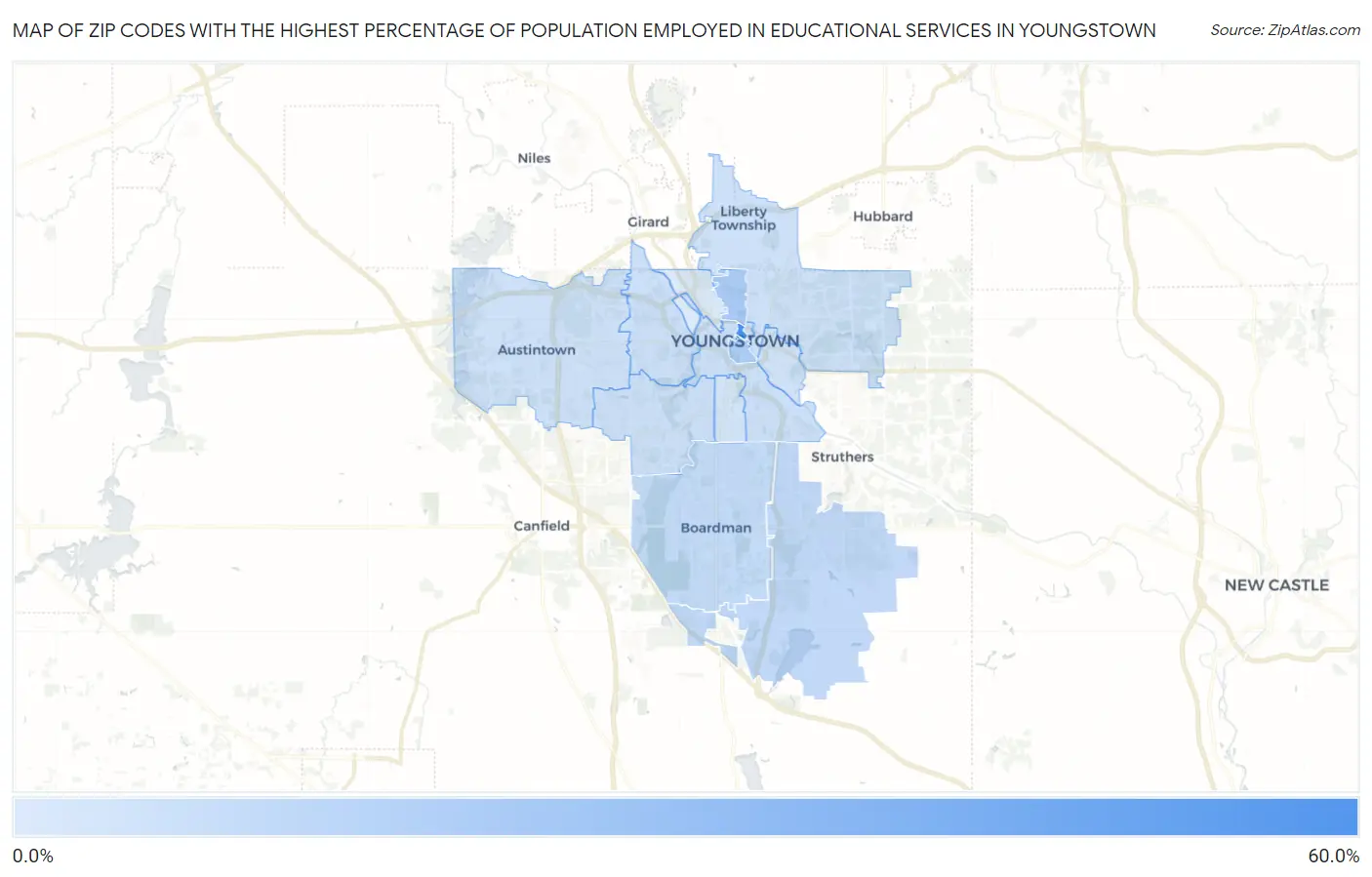 Zip Codes with the Highest Percentage of Population Employed in Educational Services in Youngstown Map