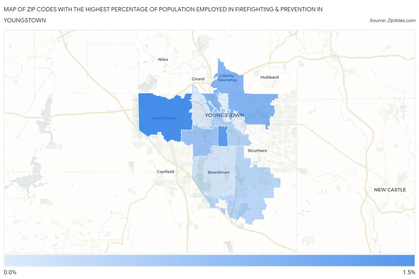 Zip Codes with the Highest Percentage of Population Employed in Firefighting & Prevention in Youngstown Map