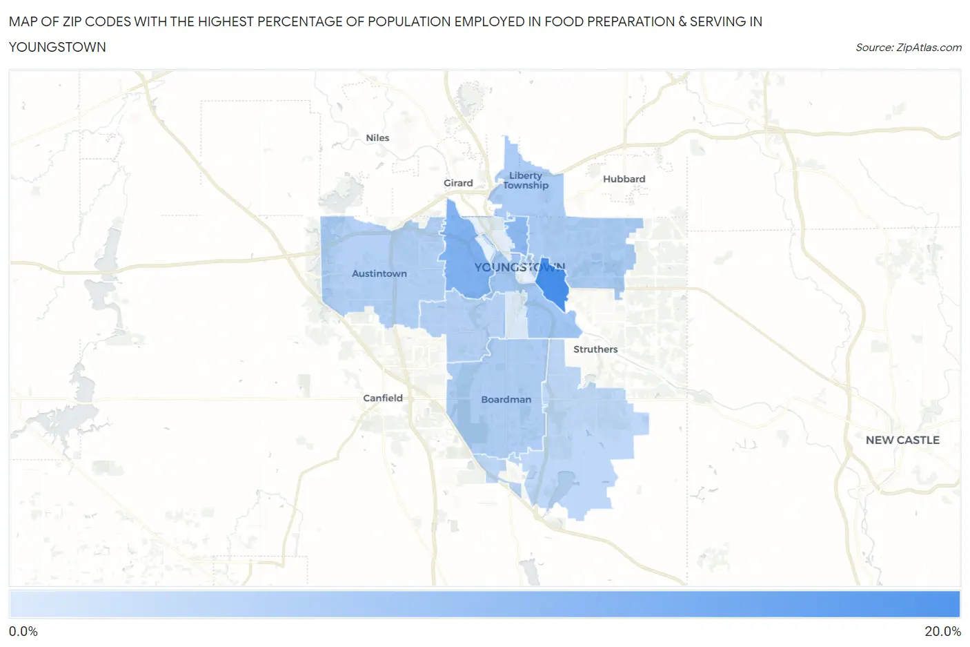 Zip Codes with the Highest Percentage of Population Employed in Food Preparation & Serving in Youngstown Map