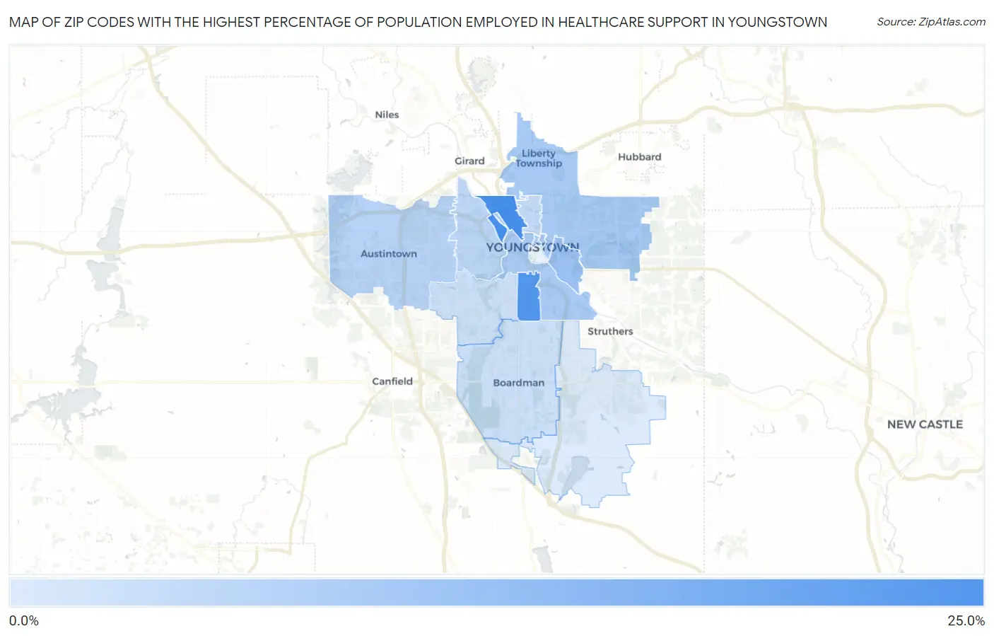 Zip Codes with the Highest Percentage of Population Employed in Healthcare Support in Youngstown Map