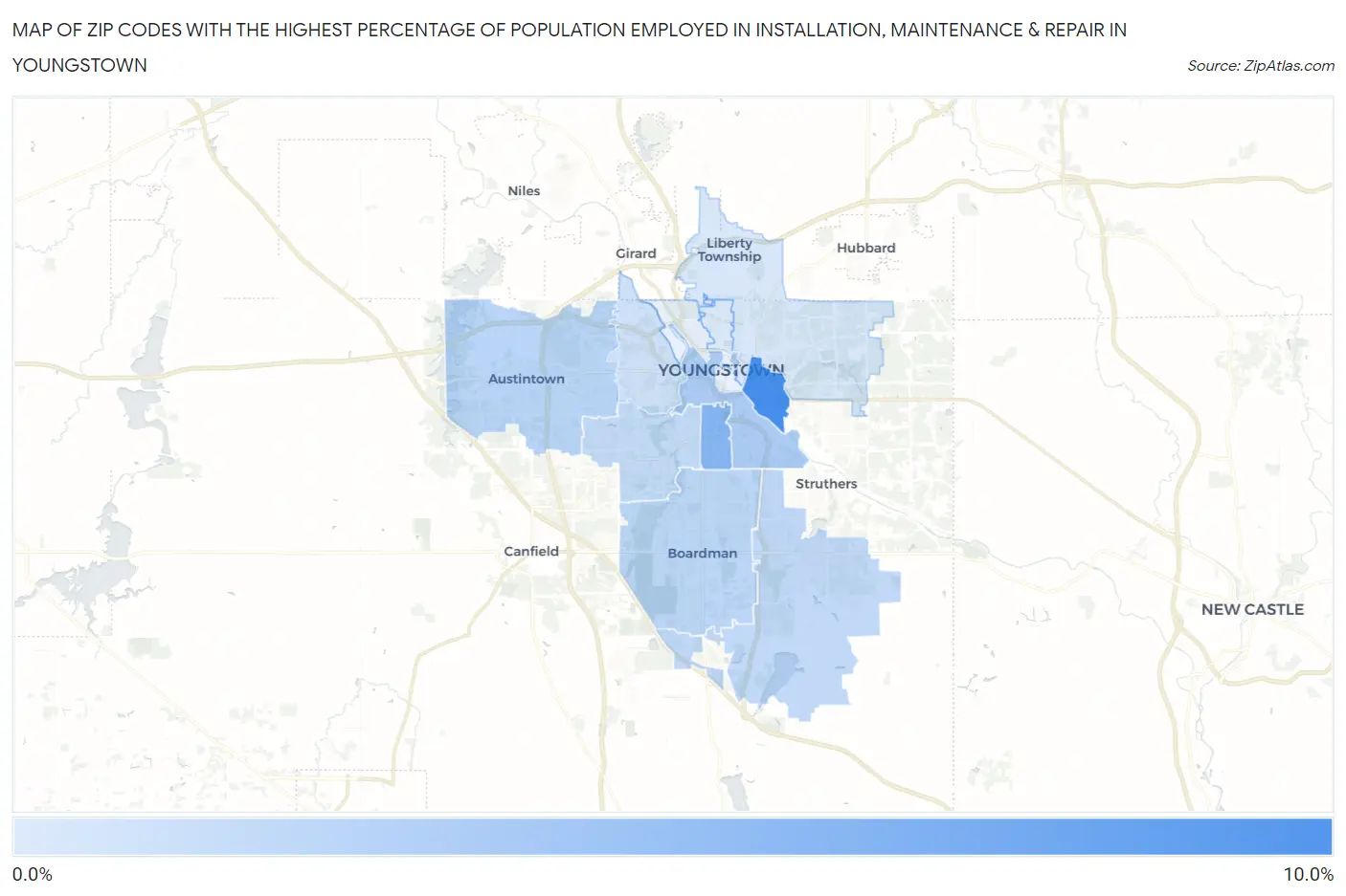 Zip Codes with the Highest Percentage of Population Employed in Installation, Maintenance & Repair in Youngstown Map