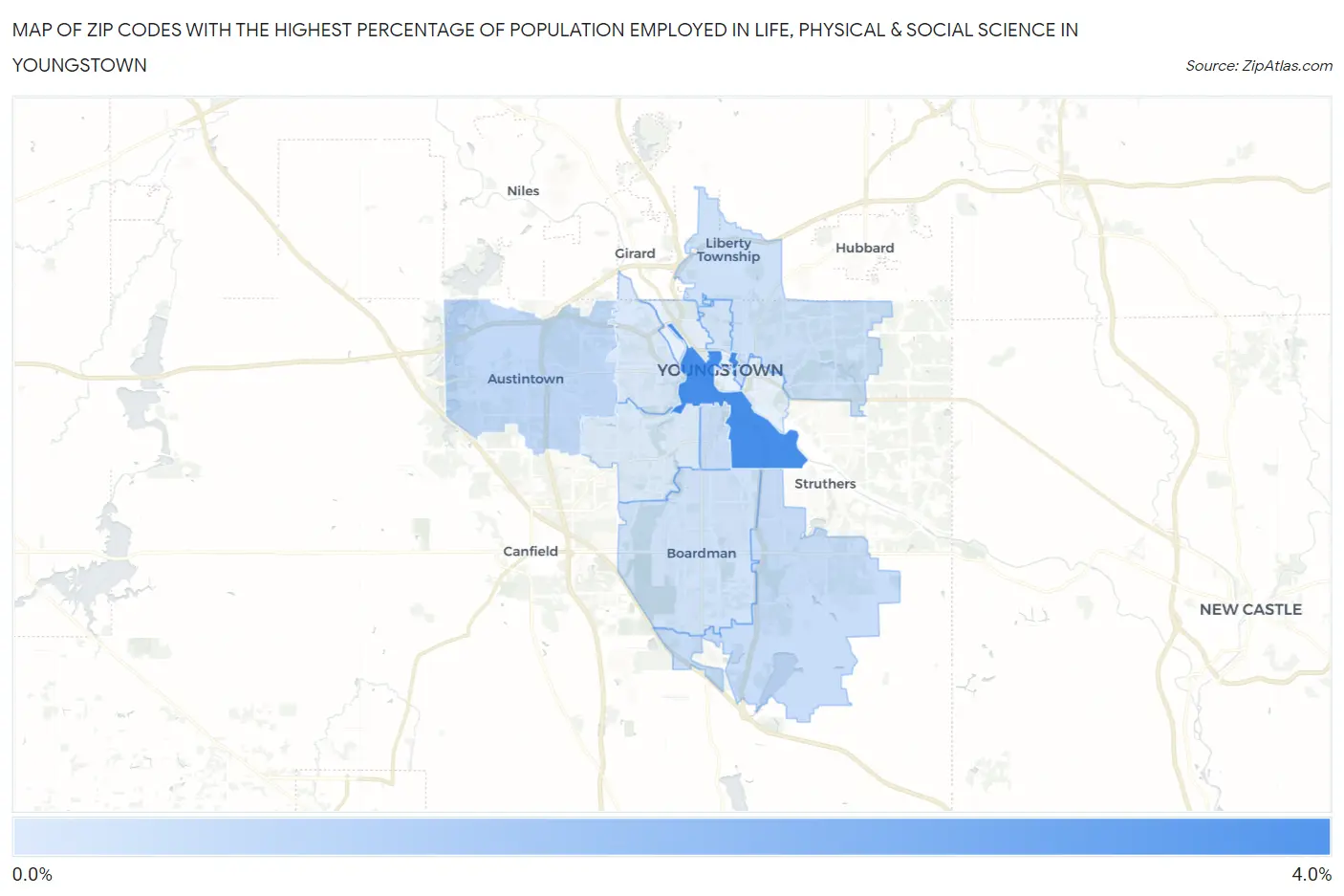 Zip Codes with the Highest Percentage of Population Employed in Life, Physical & Social Science in Youngstown Map