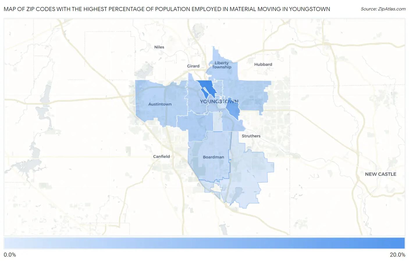 Zip Codes with the Highest Percentage of Population Employed in Material Moving in Youngstown Map