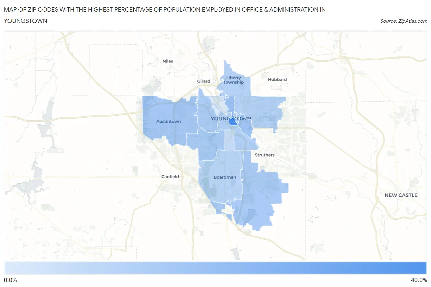 Zip Codes with the Highest Percentage of Population Employed in Office & Administration in Youngstown Map