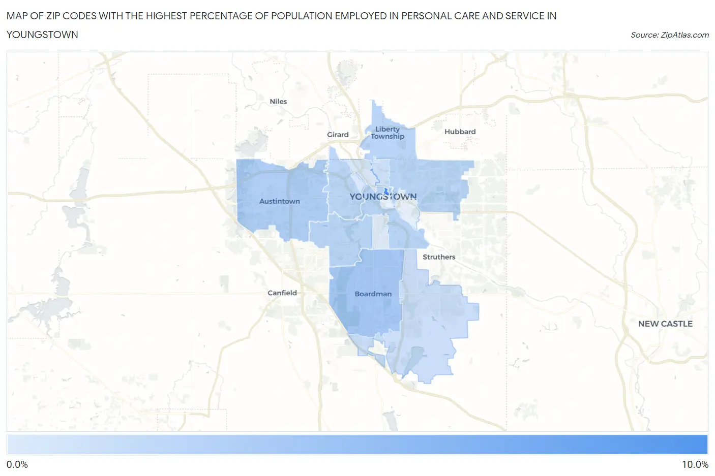 Zip Codes with the Highest Percentage of Population Employed in Personal Care and Service in Youngstown Map
