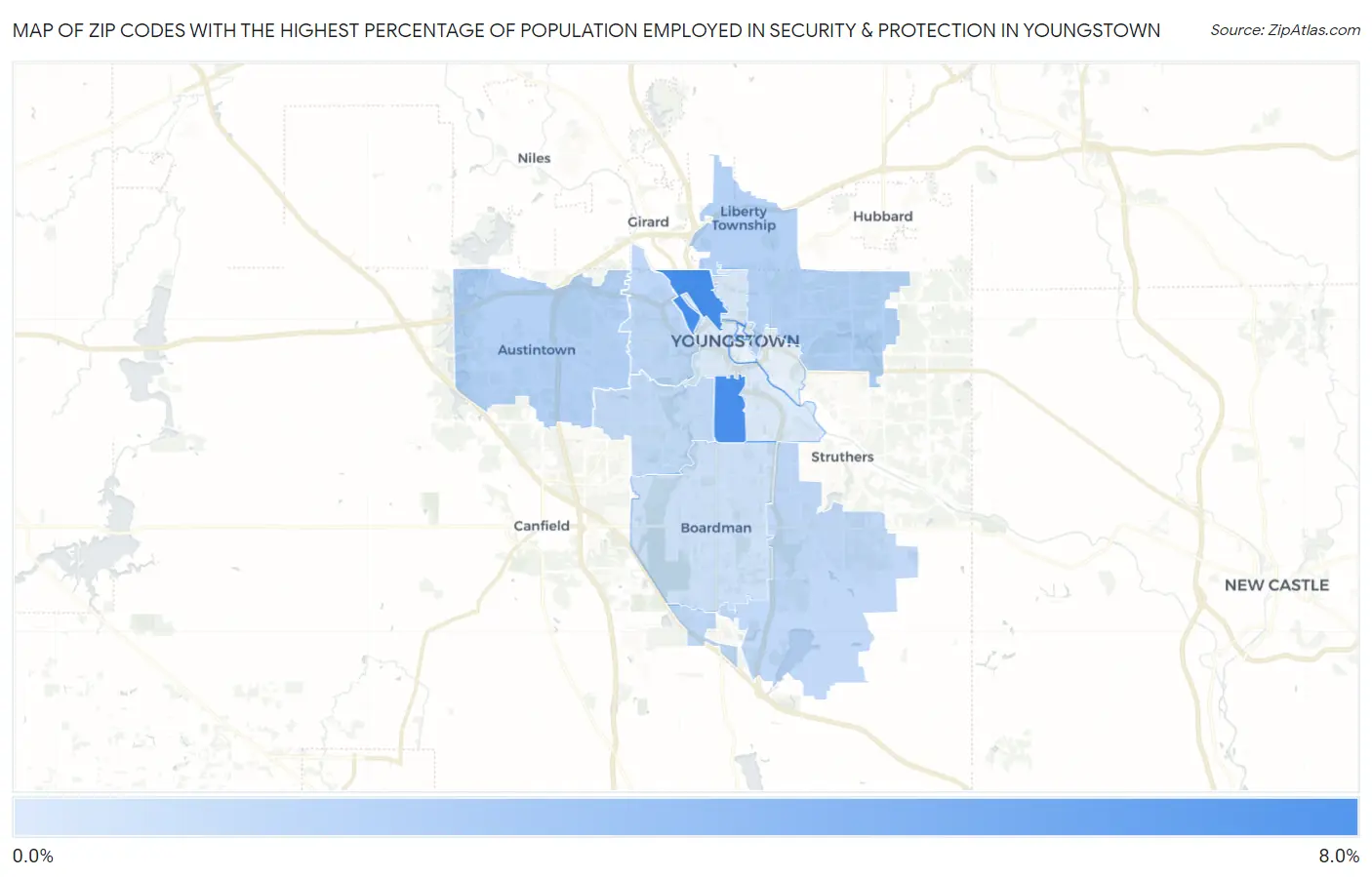 Zip Codes with the Highest Percentage of Population Employed in Security & Protection in Youngstown Map