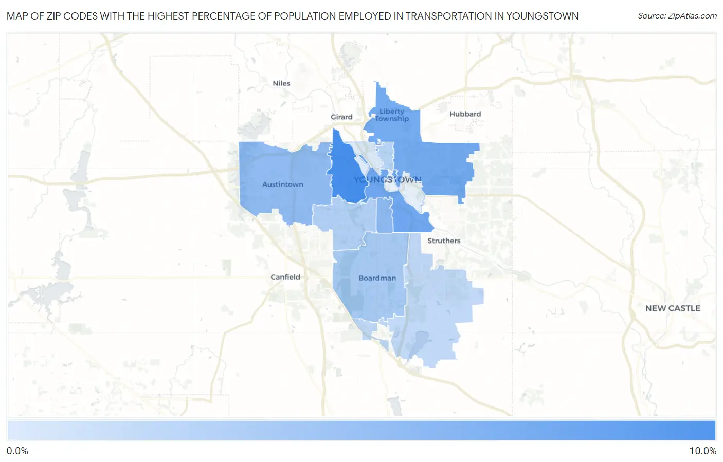Zip Codes with the Highest Percentage of Population Employed in Transportation in Youngstown Map