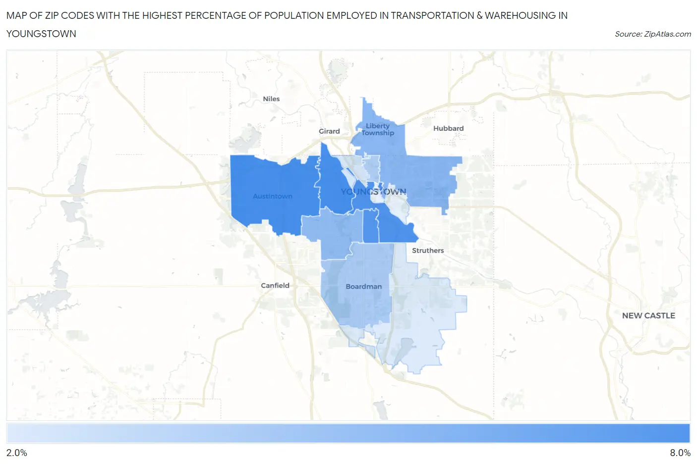 Zip Codes with the Highest Percentage of Population Employed in Transportation & Warehousing in Youngstown Map