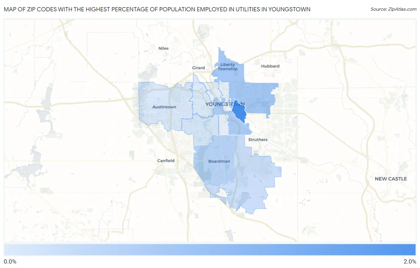 Zip Codes with the Highest Percentage of Population Employed in Utilities in Youngstown Map