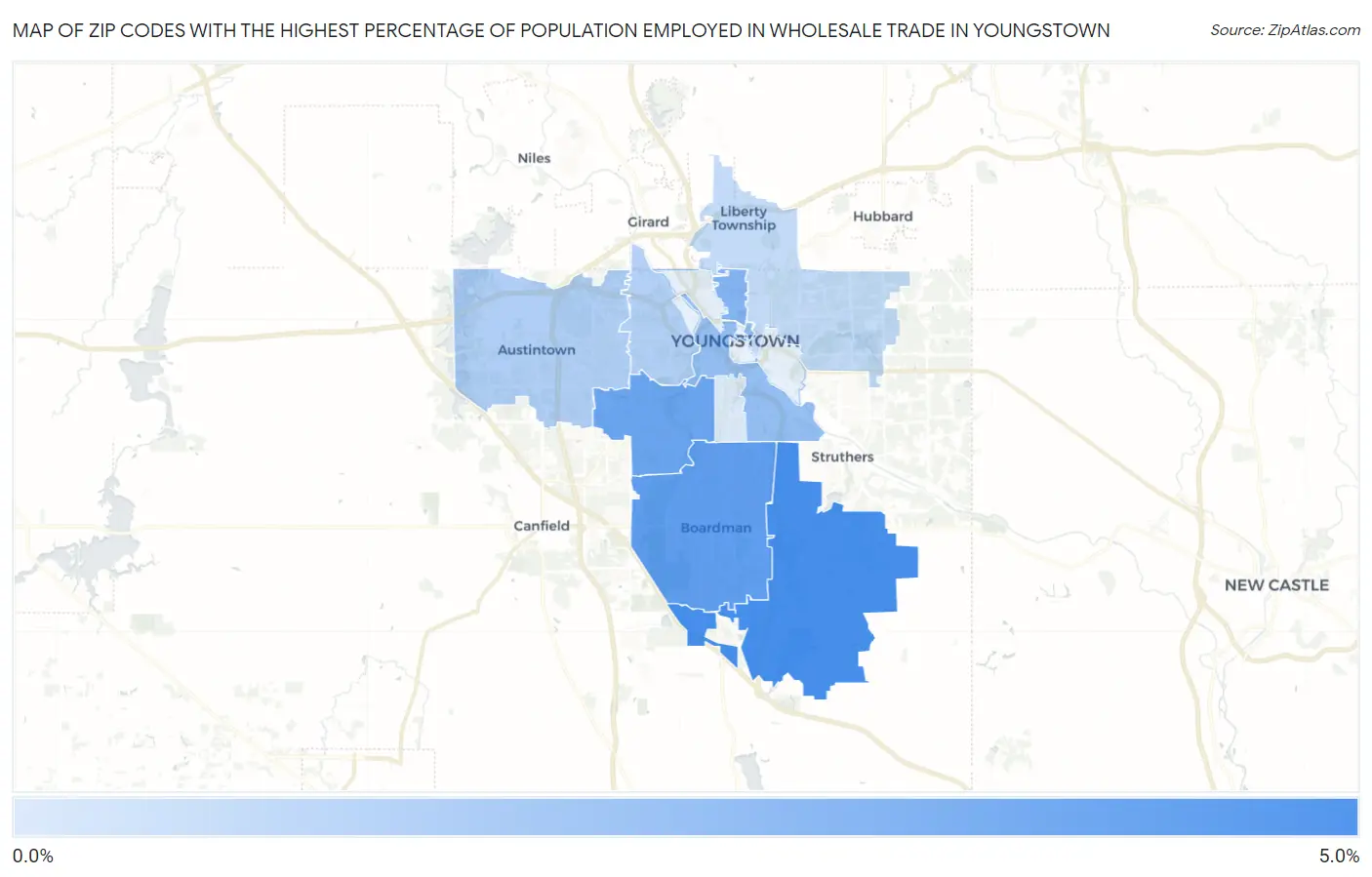 Zip Codes with the Highest Percentage of Population Employed in Wholesale Trade in Youngstown Map