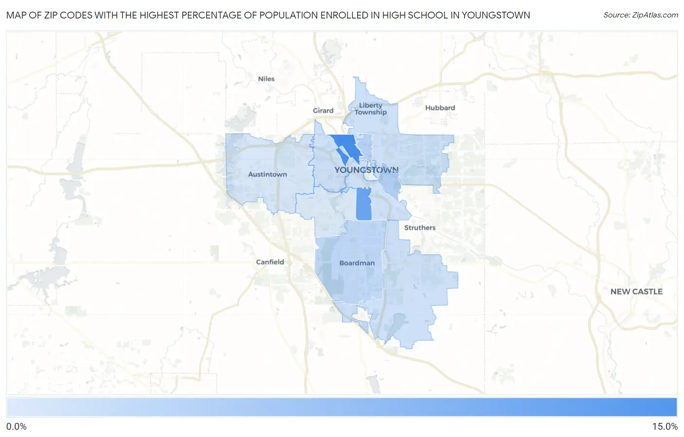 Zip Codes with the Highest Percentage of Population Enrolled in High School in Youngstown Map