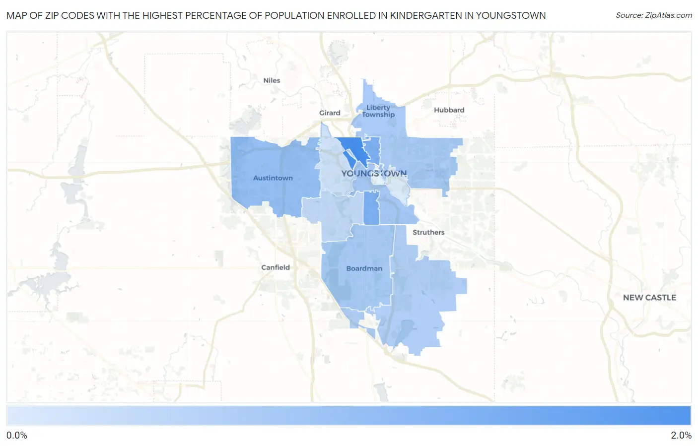 Zip Codes with the Highest Percentage of Population Enrolled in Kindergarten in Youngstown Map