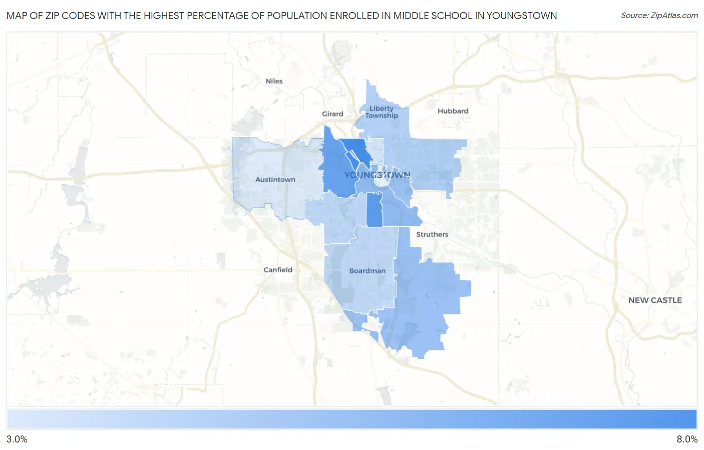 Zip Codes with the Highest Percentage of Population Enrolled in Middle School in Youngstown Map