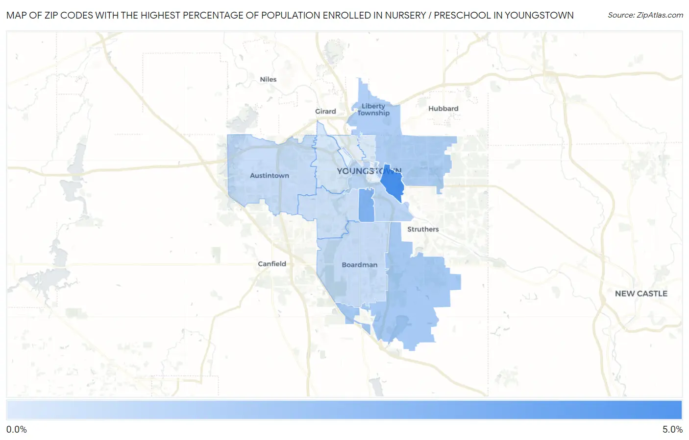 Zip Codes with the Highest Percentage of Population Enrolled in Nursery / Preschool in Youngstown Map