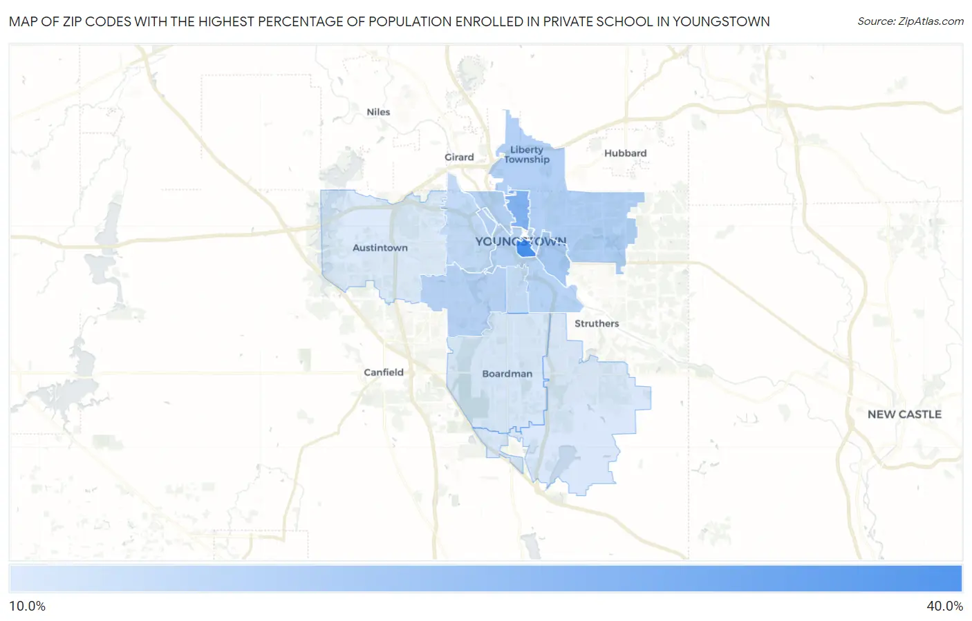 Zip Codes with the Highest Percentage of Population Enrolled in Private School in Youngstown Map