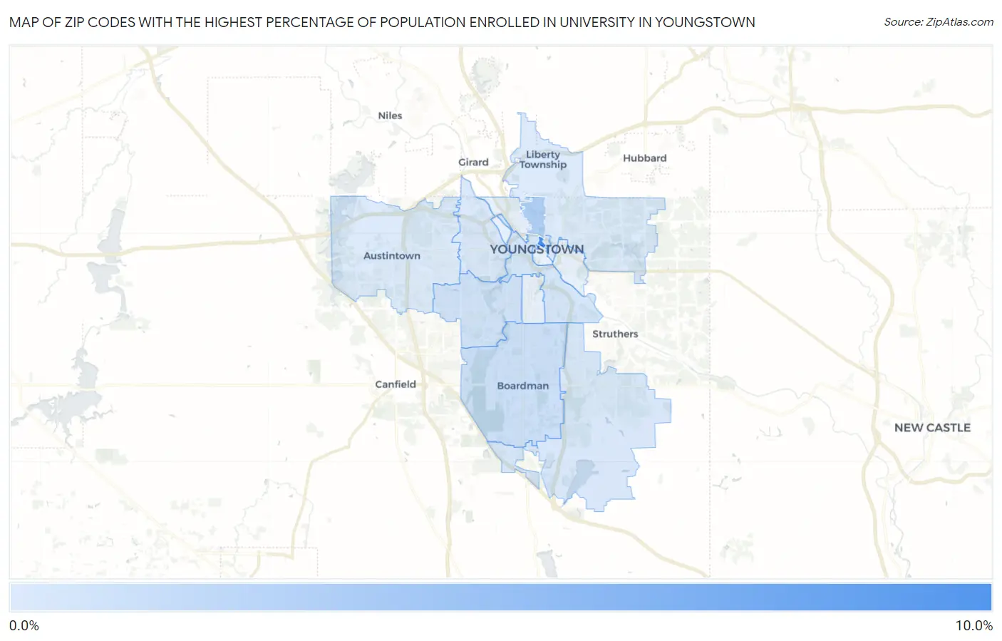 Zip Codes with the Highest Percentage of Population Enrolled in University in Youngstown Map