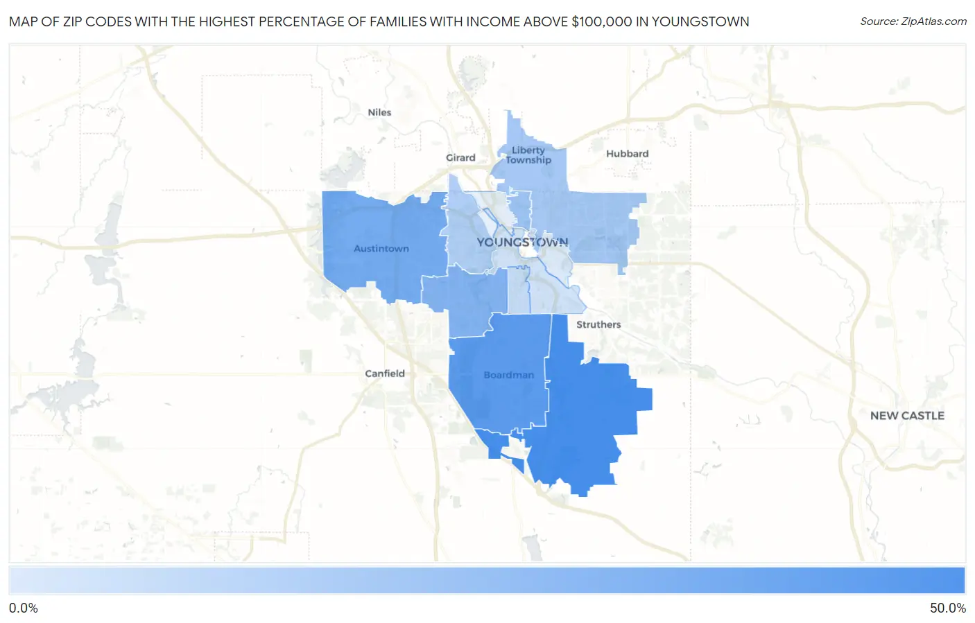 Zip Codes with the Highest Percentage of Families with Income Above $100,000 in Youngstown Map