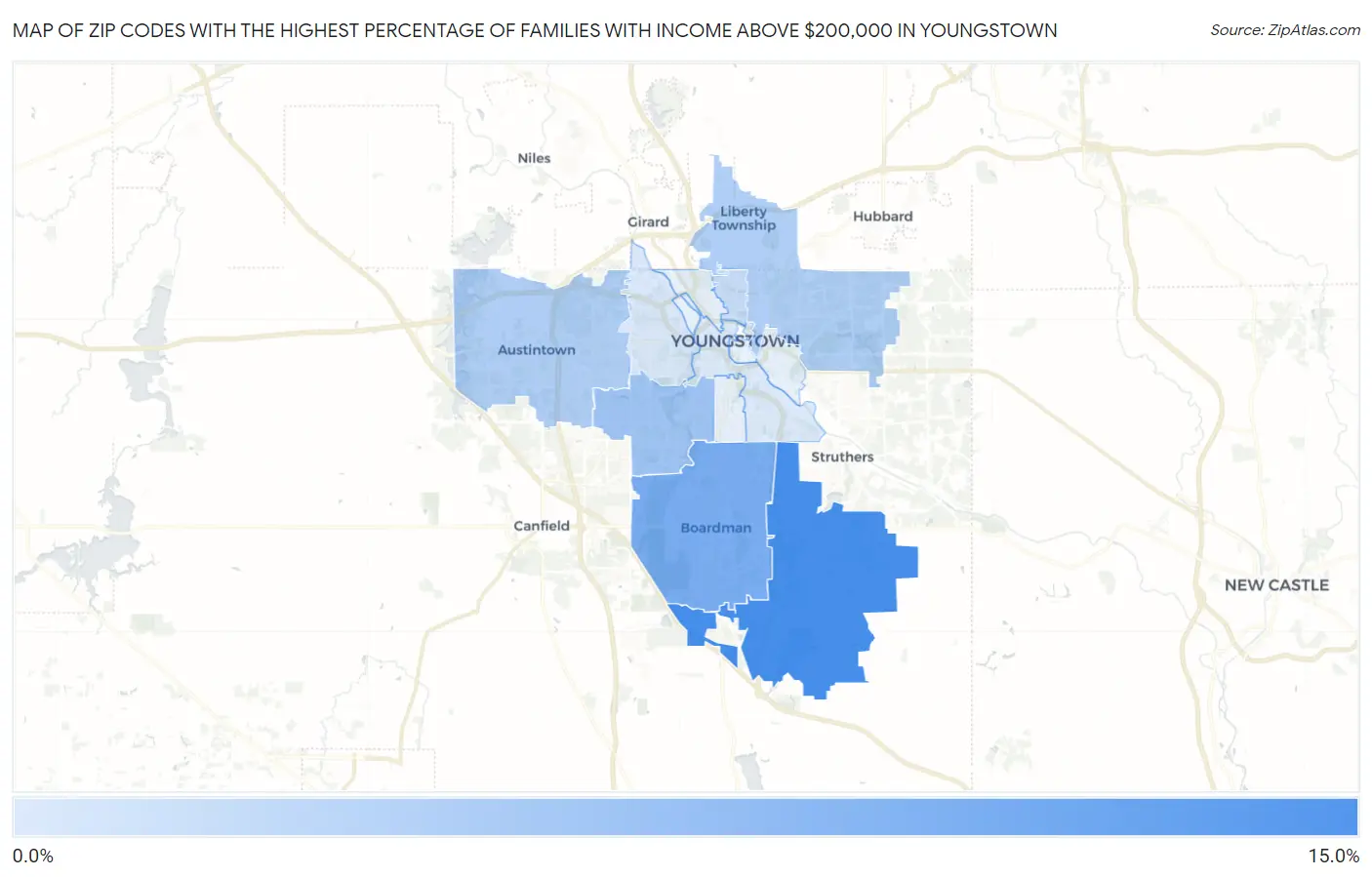 Zip Codes with the Highest Percentage of Families with Income Above $200,000 in Youngstown Map