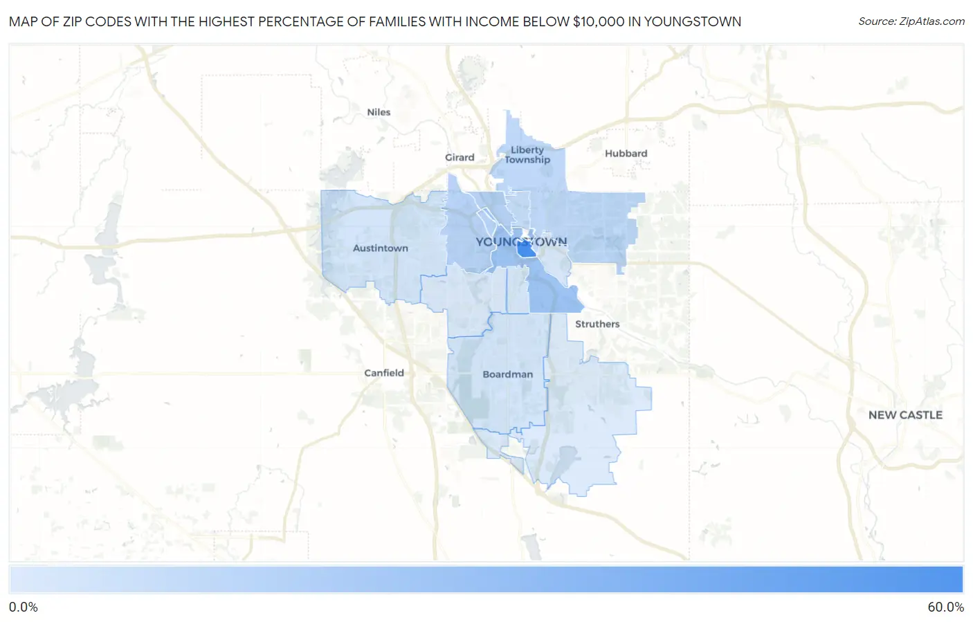 Zip Codes with the Highest Percentage of Families with Income Below $10,000 in Youngstown Map
