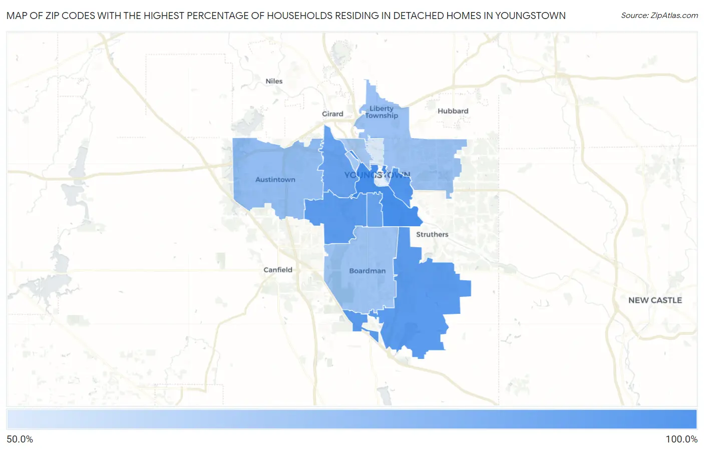 Zip Codes with the Highest Percentage of Households Residing in Detached Homes in Youngstown Map