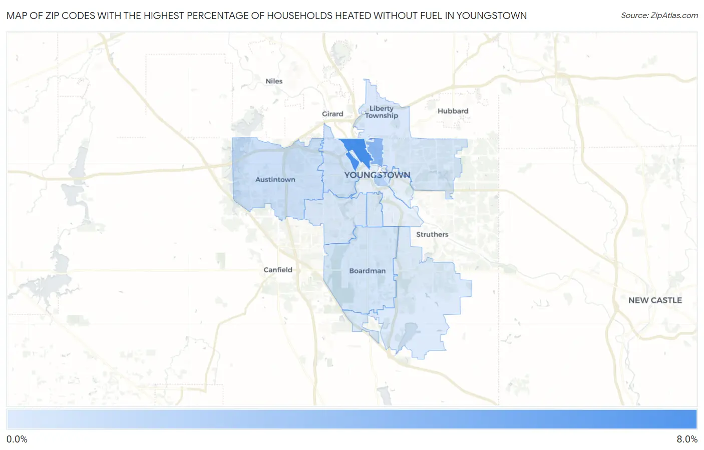 Zip Codes with the Highest Percentage of Households Heated without Fuel in Youngstown Map