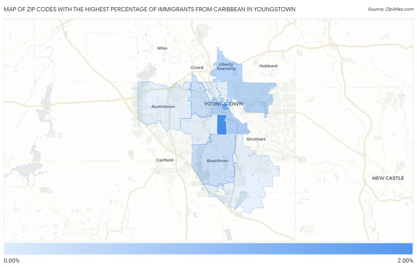 Zip Codes with the Highest Percentage of Immigrants from Caribbean in Youngstown Map