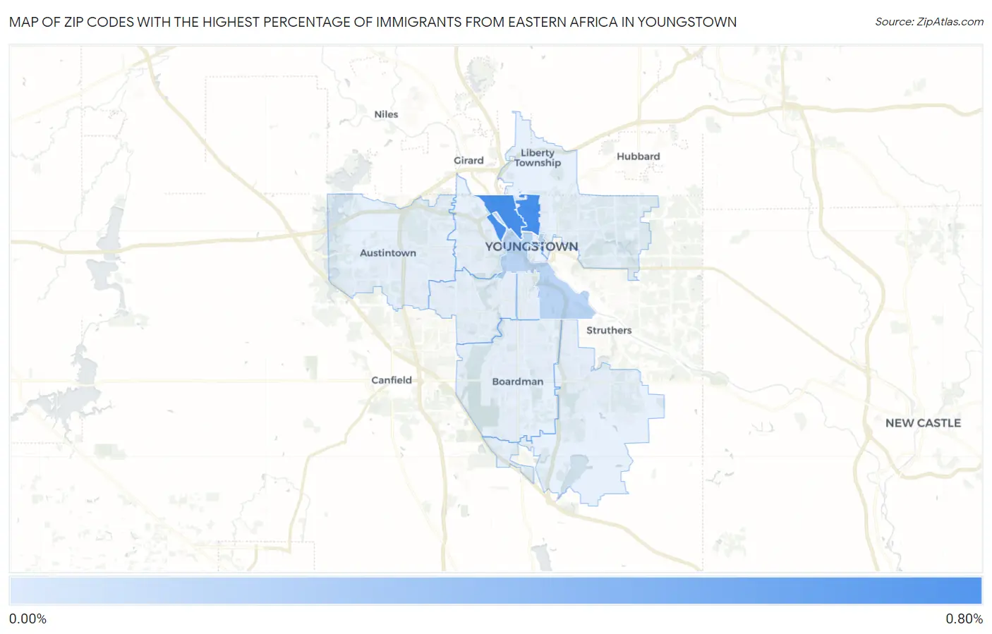 Zip Codes with the Highest Percentage of Immigrants from Eastern Africa in Youngstown Map