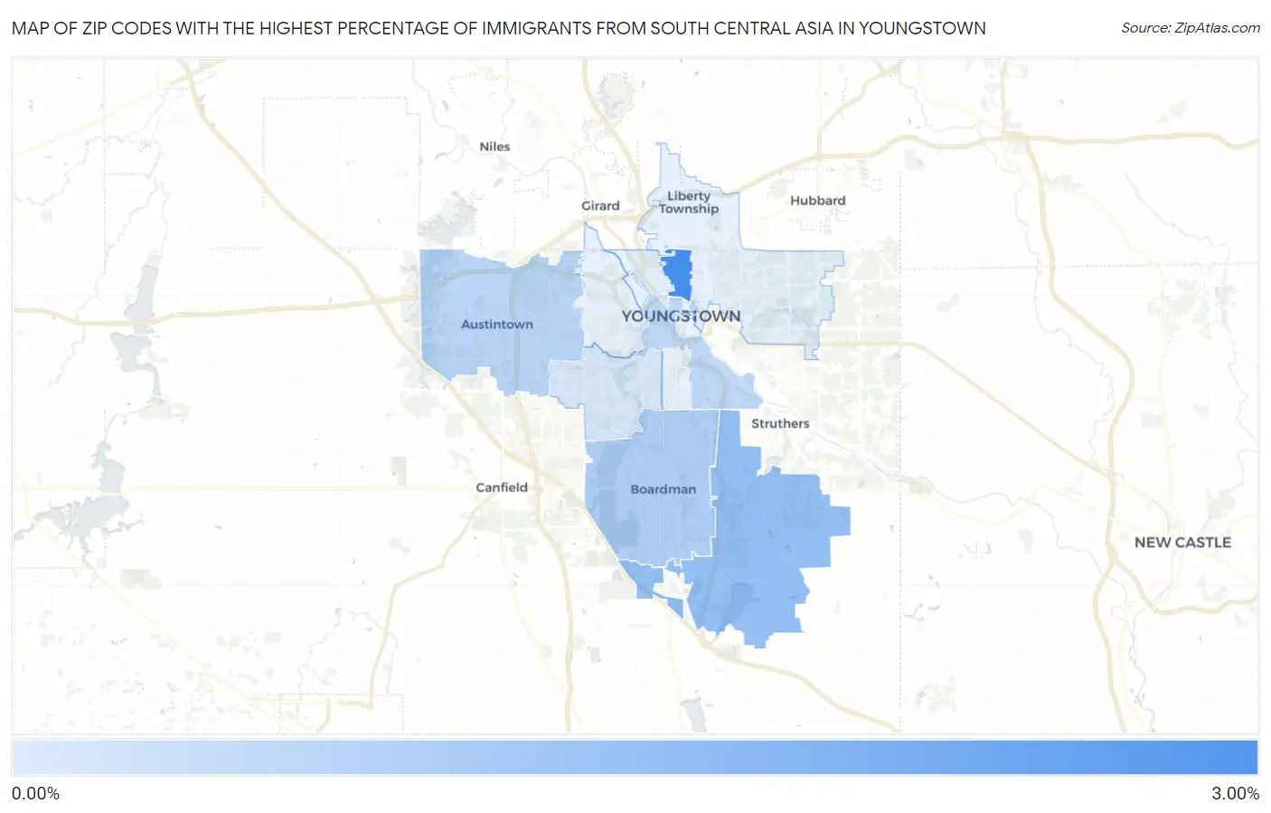 Zip Codes with the Highest Percentage of Immigrants from South Central Asia in Youngstown Map