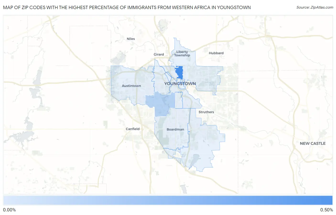 Zip Codes with the Highest Percentage of Immigrants from Western Africa in Youngstown Map