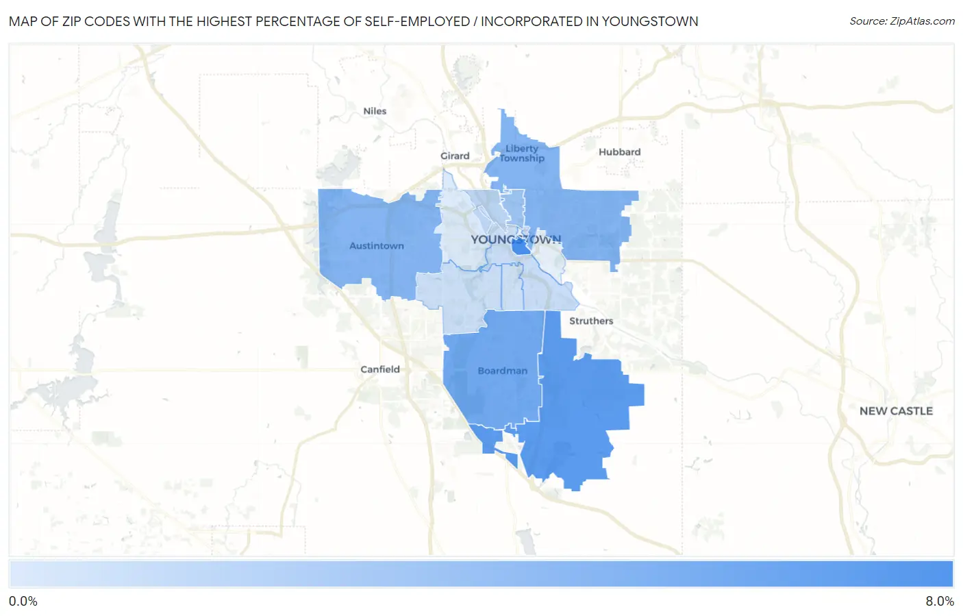 Zip Codes with the Highest Percentage of Self-Employed / Incorporated in Youngstown Map