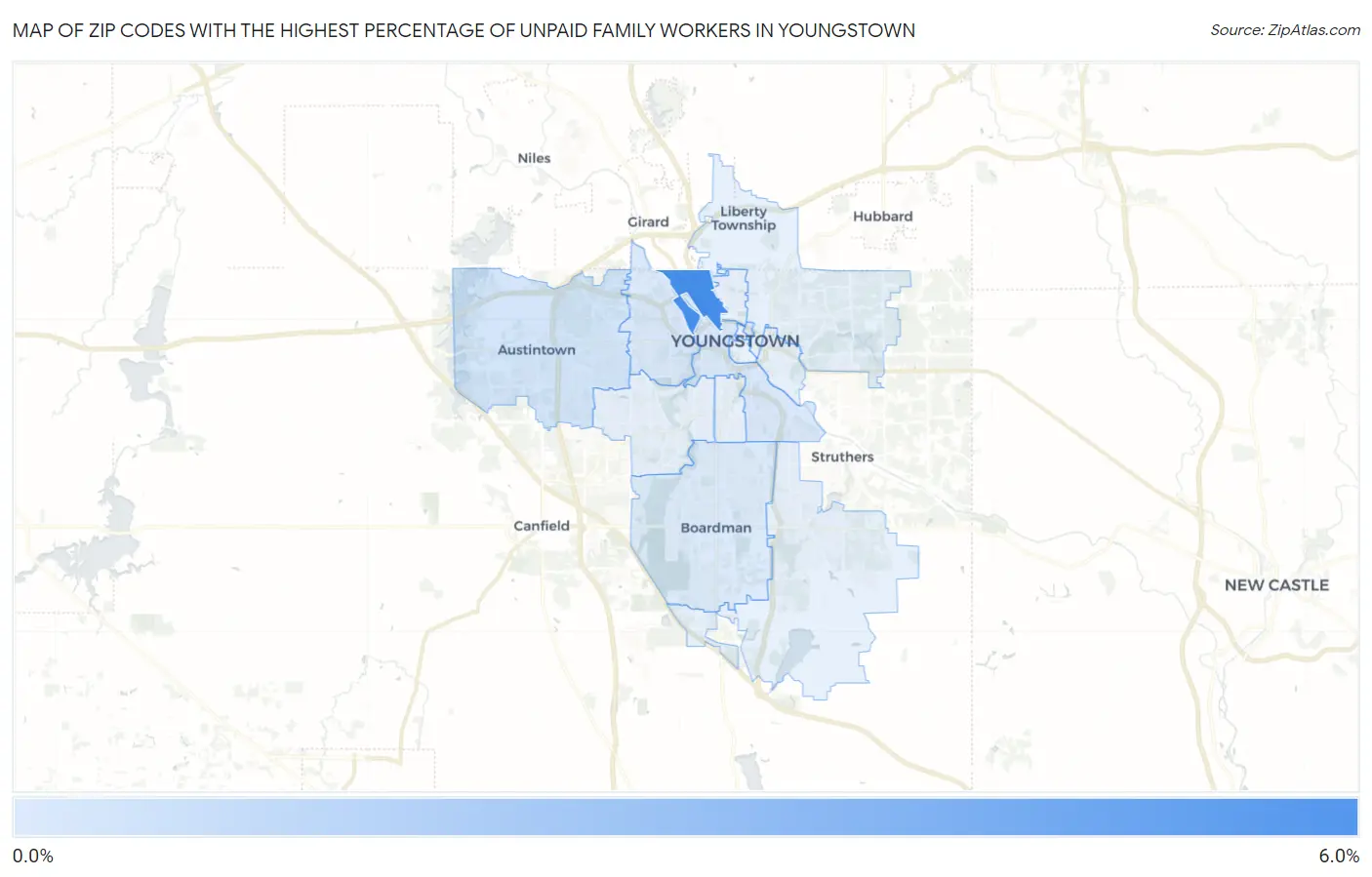 Zip Codes with the Highest Percentage of Unpaid Family Workers in Youngstown Map