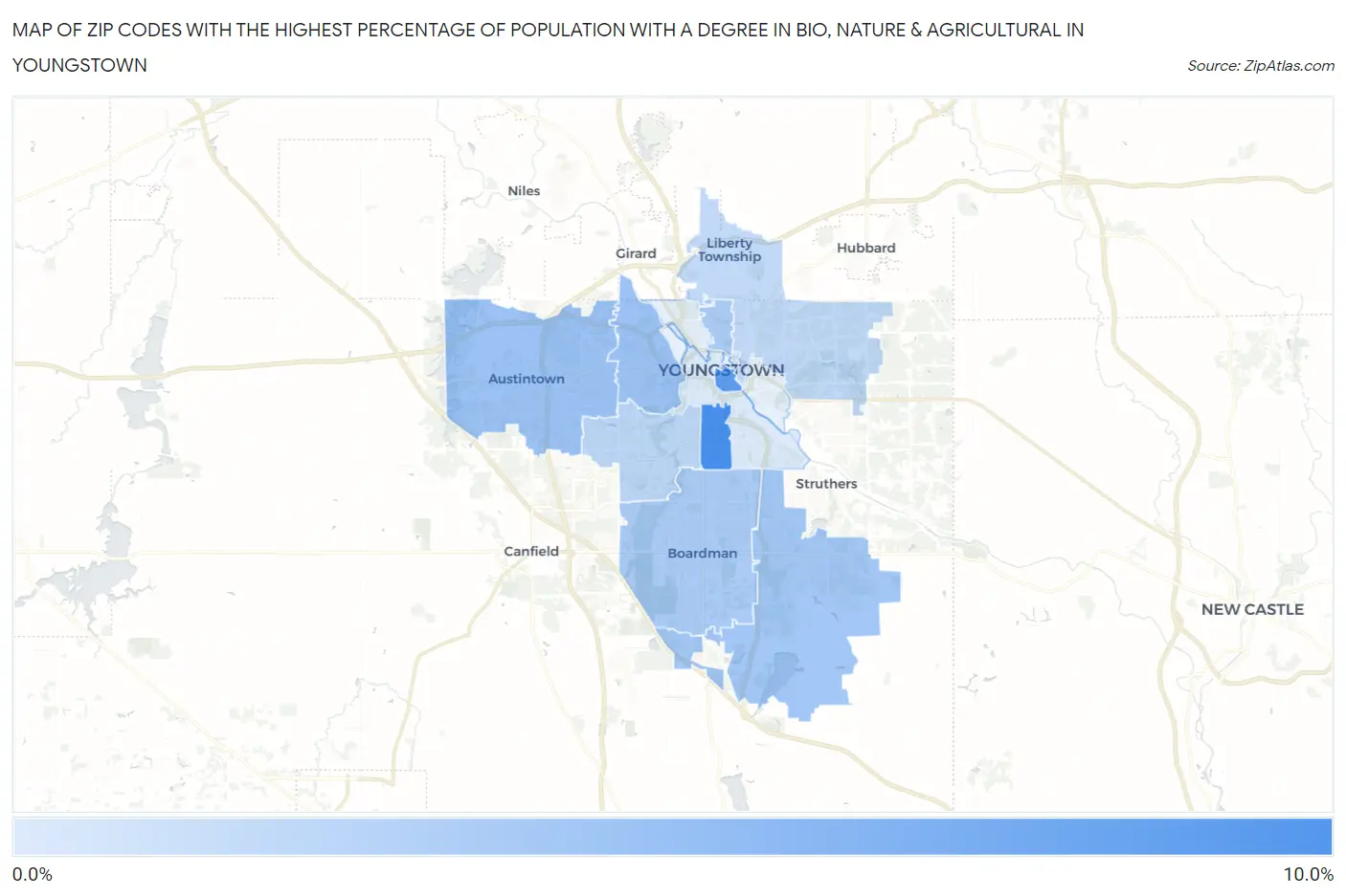 Zip Codes with the Highest Percentage of Population with a Degree in Bio, Nature & Agricultural in Youngstown Map