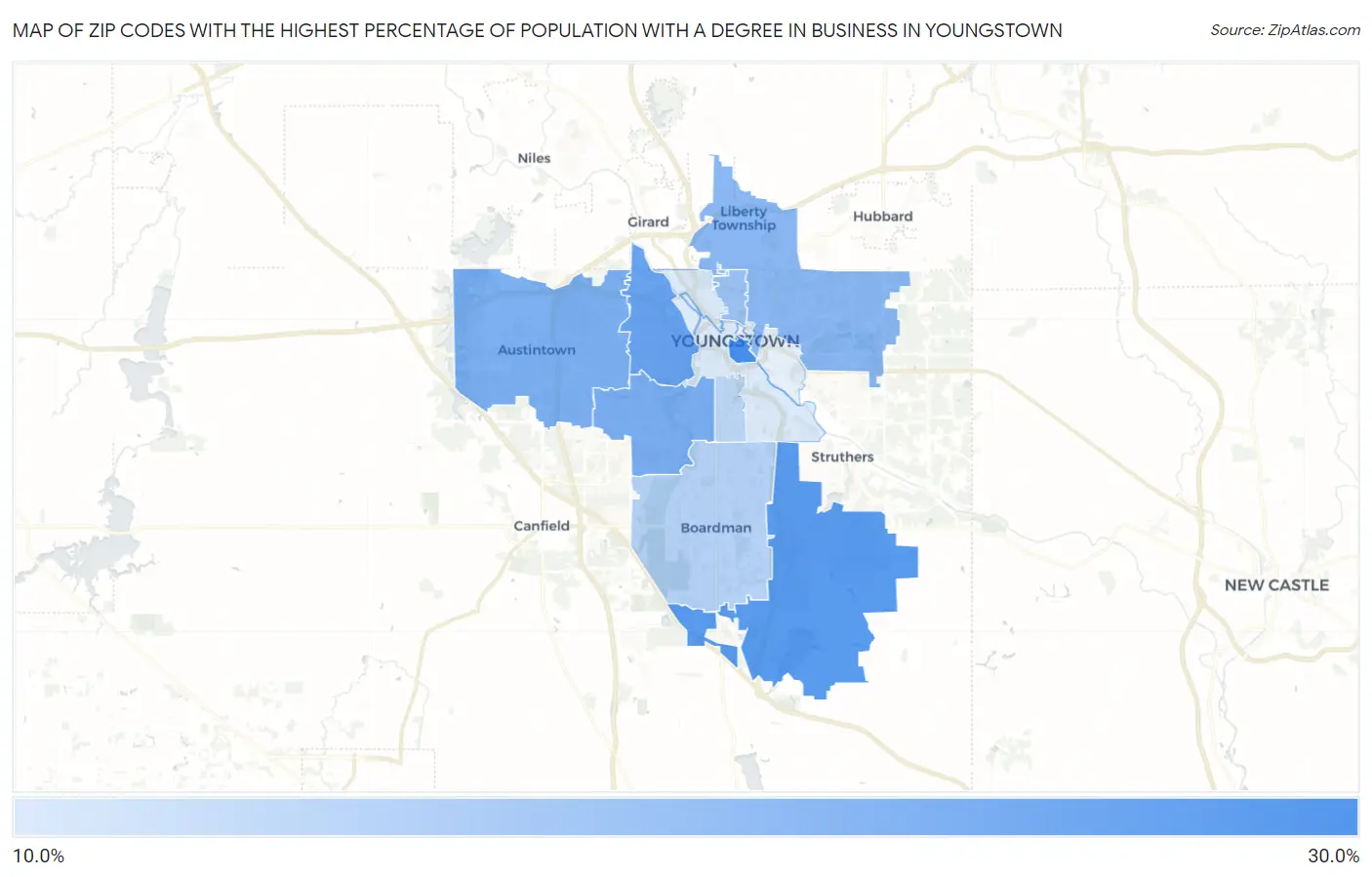 Zip Codes with the Highest Percentage of Population with a Degree in Business in Youngstown Map