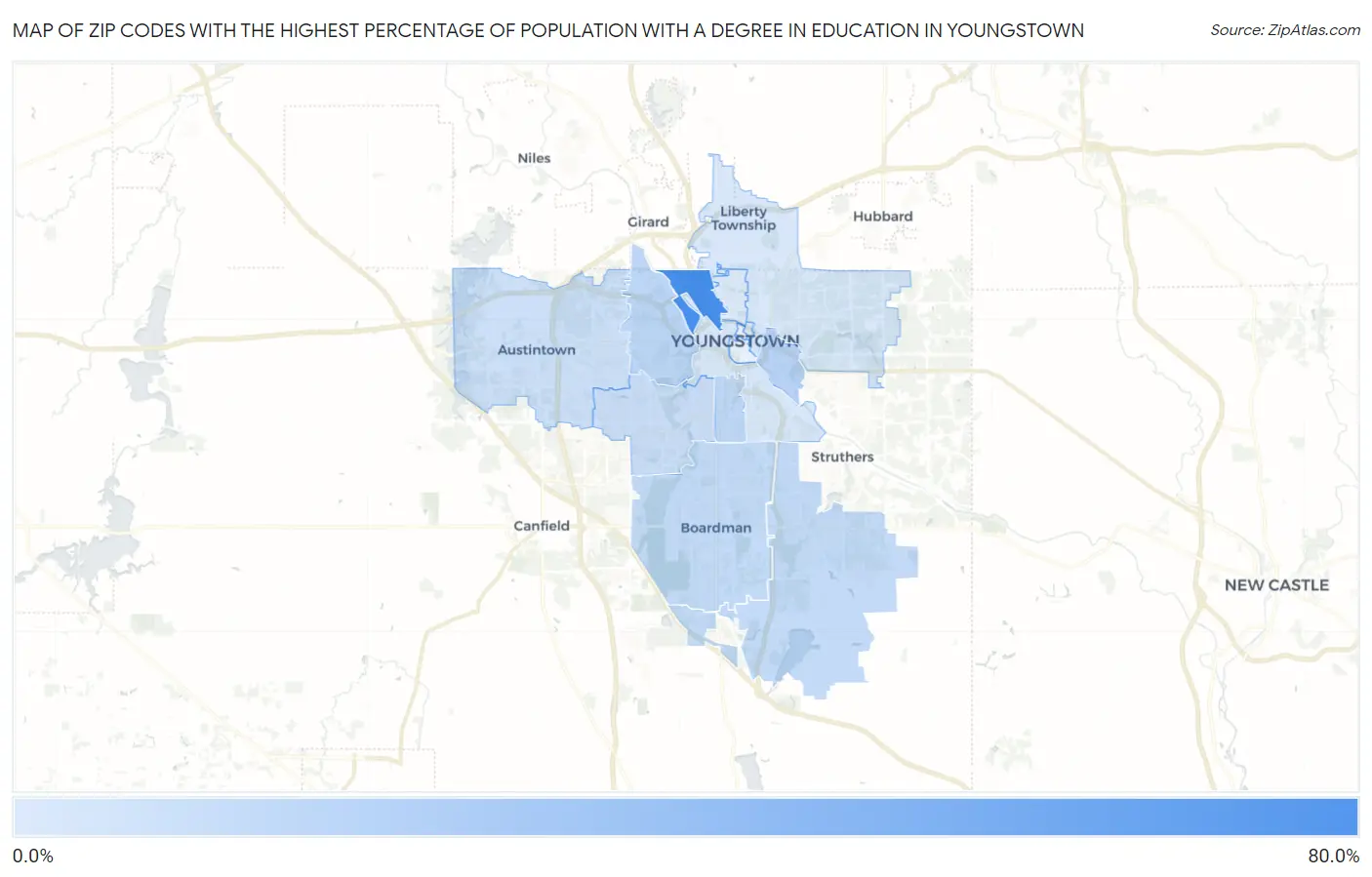 Zip Codes with the Highest Percentage of Population with a Degree in Education in Youngstown Map