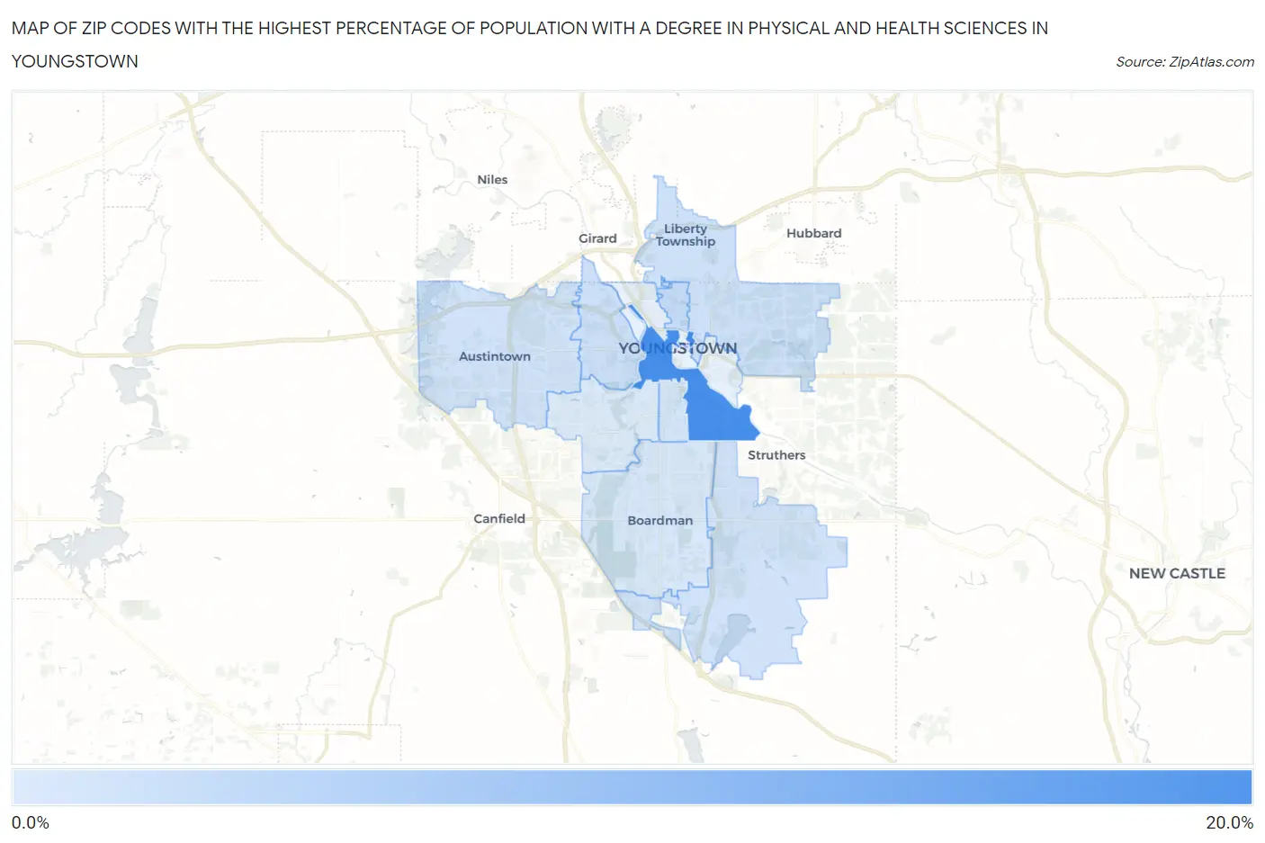 Zip Codes with the Highest Percentage of Population with a Degree in Physical and Health Sciences in Youngstown Map