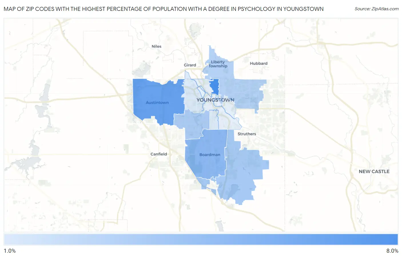 Zip Codes with the Highest Percentage of Population with a Degree in Psychology in Youngstown Map