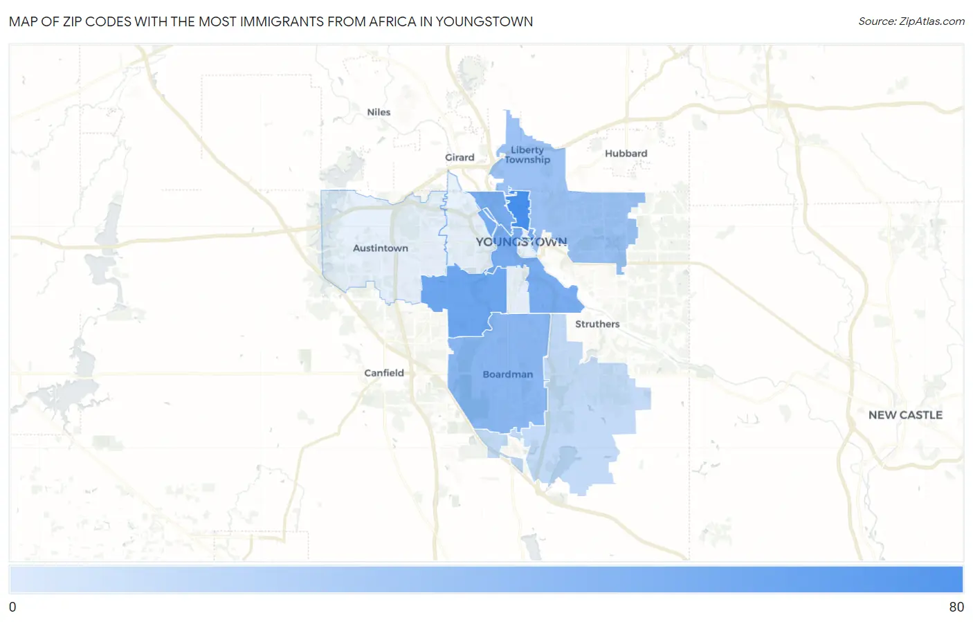 Zip Codes with the Most Immigrants from Africa in Youngstown Map