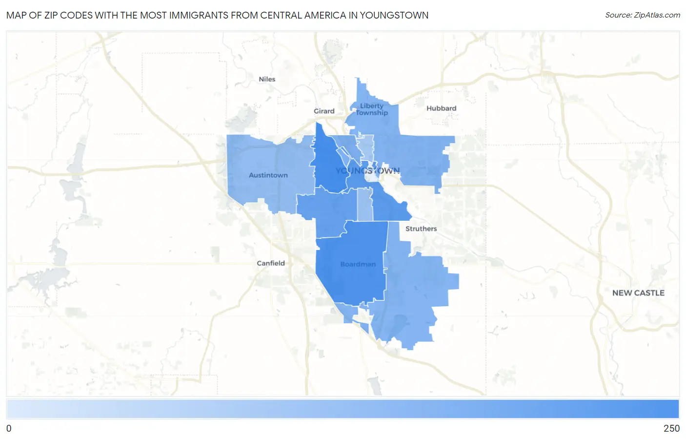Zip Codes with the Most Immigrants from Central America in Youngstown Map