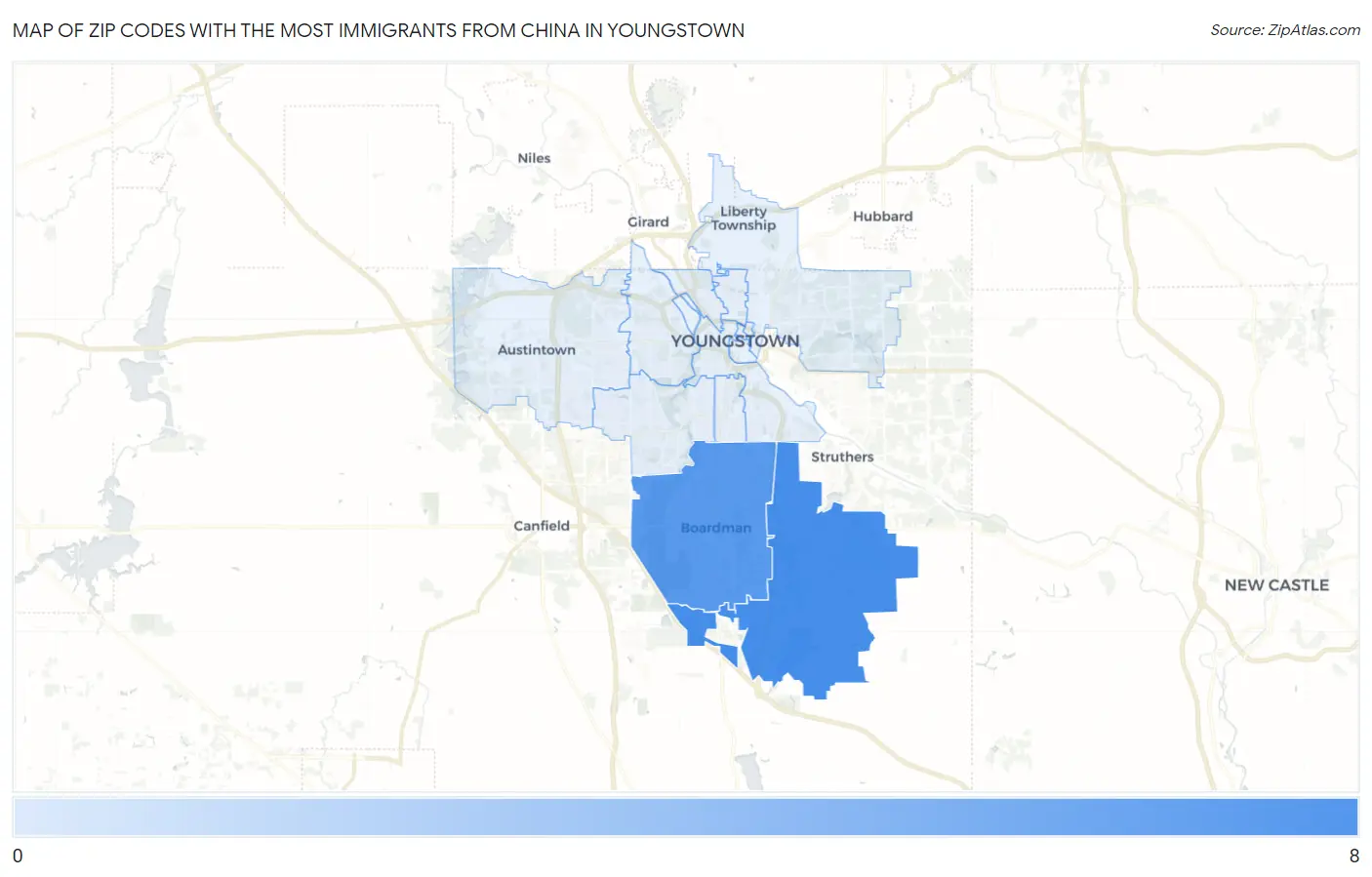 Zip Codes with the Most Immigrants from China in Youngstown Map