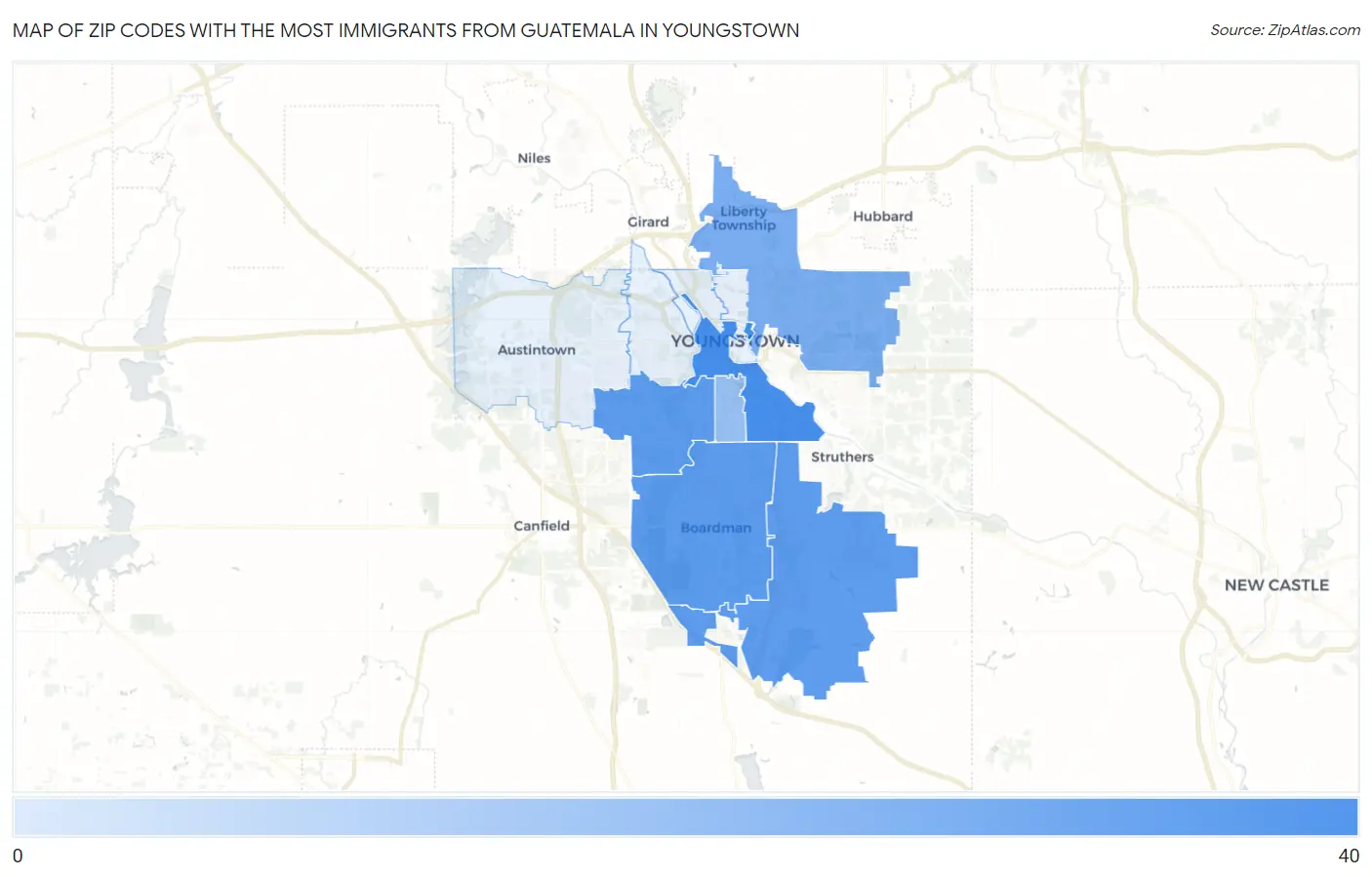 Zip Codes with the Most Immigrants from Guatemala in Youngstown Map