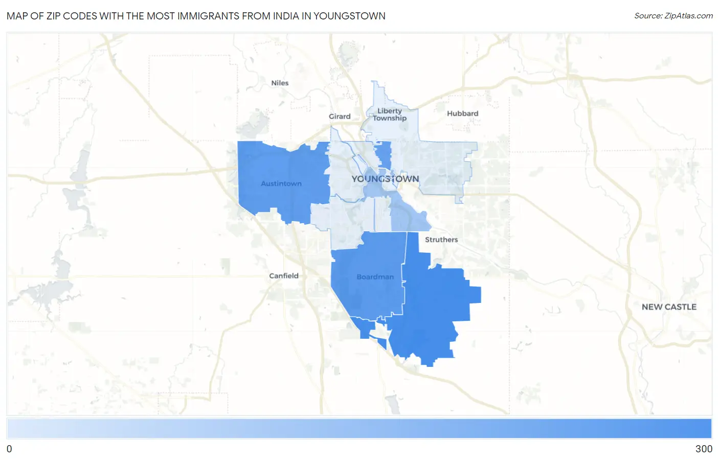 Zip Codes with the Most Immigrants from India in Youngstown Map