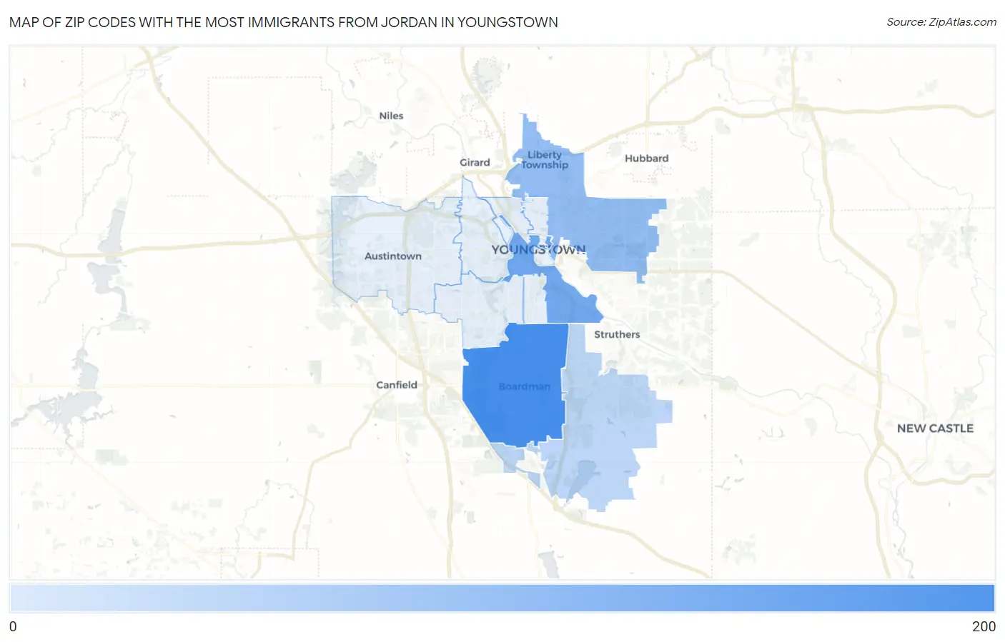Zip Codes with the Most Immigrants from Jordan in Youngstown Map